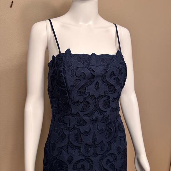 Bardot Navy Blue Lace Midi Dress Women's US 6 Scalloped Hem Cocktail Bodycon - Picture 3 of 14